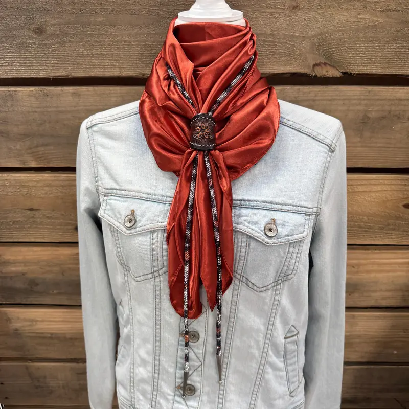 35X35" Solid Rust Wild Rag / Scarf - Leather Slide And Bolo Tie 1