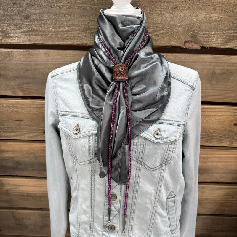 35X35" Solid Silver / Grey Wild Rag / Scarf - Leather Slide And Bolo Tie 1