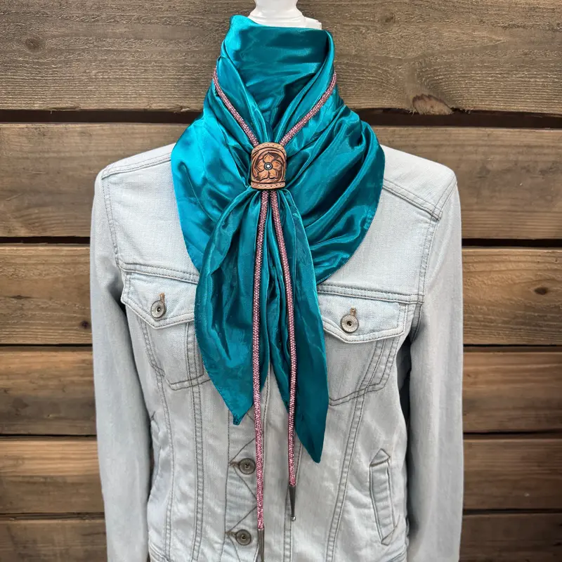 35X35" Solid Teal Wild Rag / Scarf - Leather Slide And Bolo Tie 1