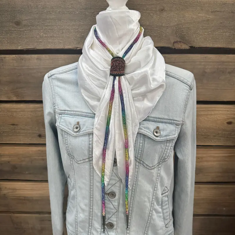 35X35" Solid White Wild Rag / Scarf - Leather Slide And Bolo Tie 1