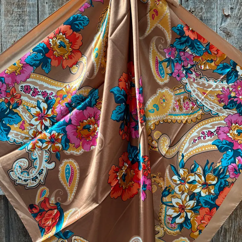 35X35" Tan Big Floral Wild Rag / Scarf Wr1021 2