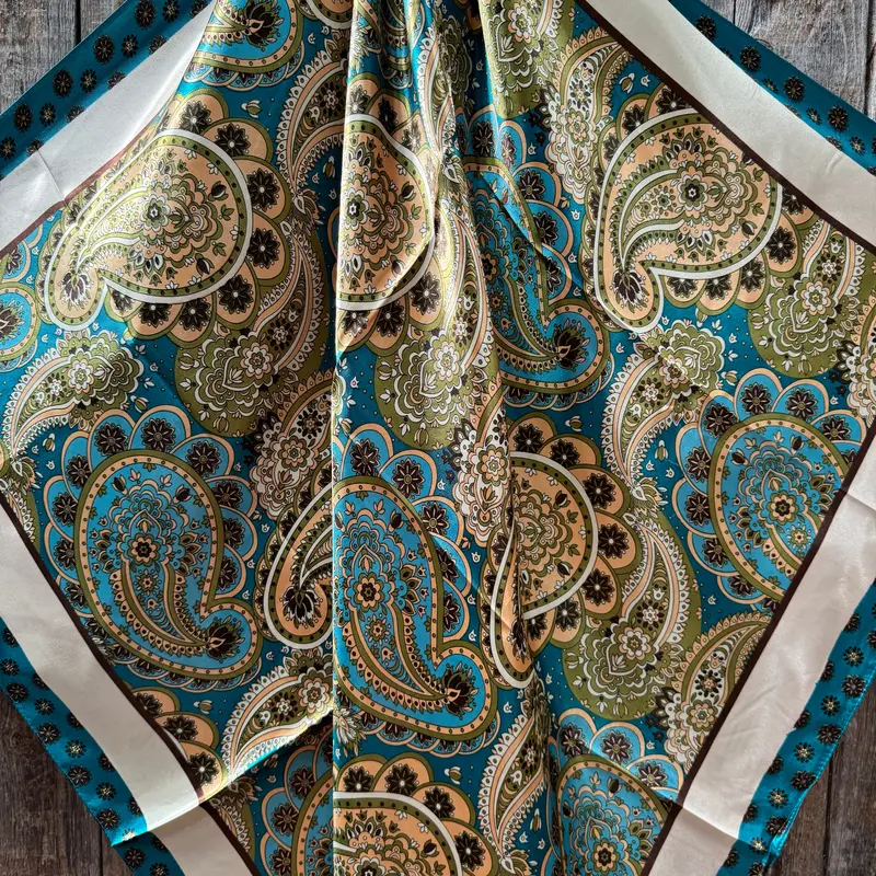 35X35" Teal And Cream Giant Paisley Wild Rag / Scarf Wr1027 2