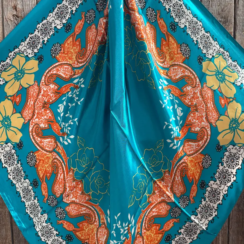 35X35" Teal And Orange Floral Paisley Wild Rag / Scarf Wr3462 2