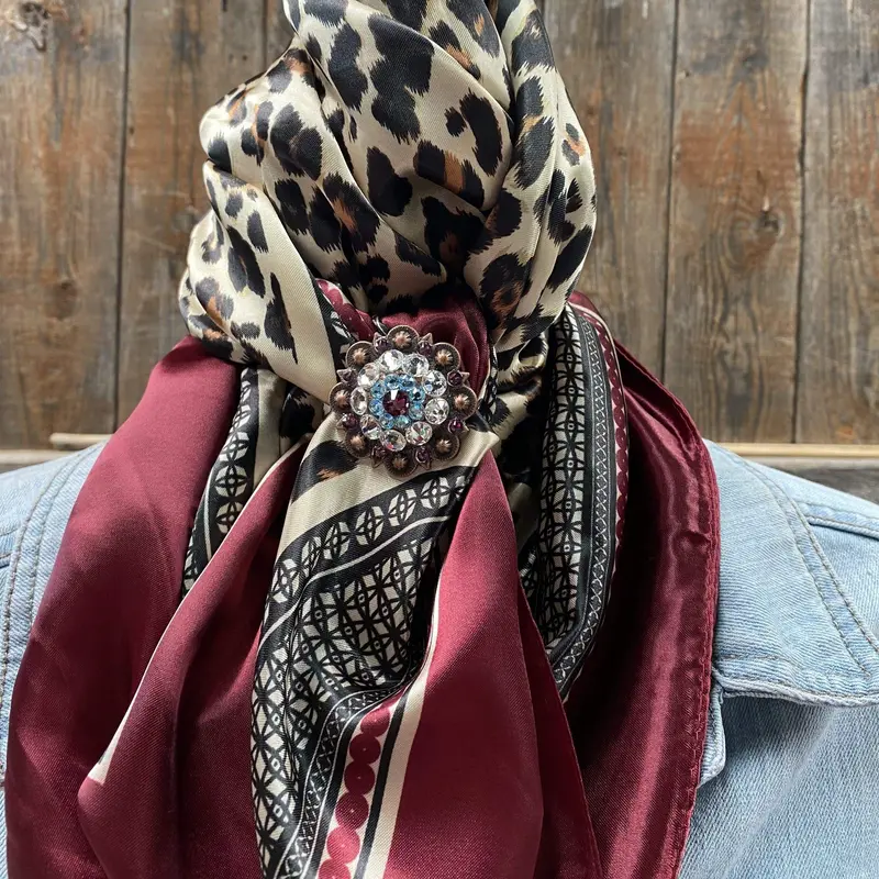 35X35" Wine Leopard Wild Rag / Scarf Wrc397a  -Copper Amethyst, Aqua & Clear Slide 1
