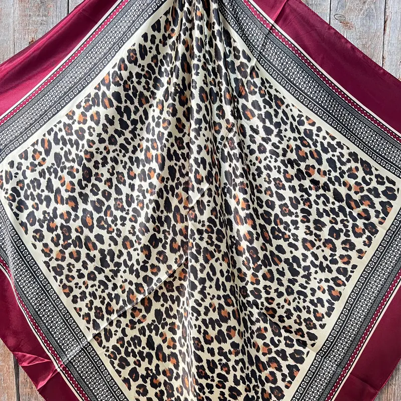 35X35" Wine Leopard Wild Rag / Scarf Wrc397a -Copper Amethyst, Aqua & Clear Slide 2