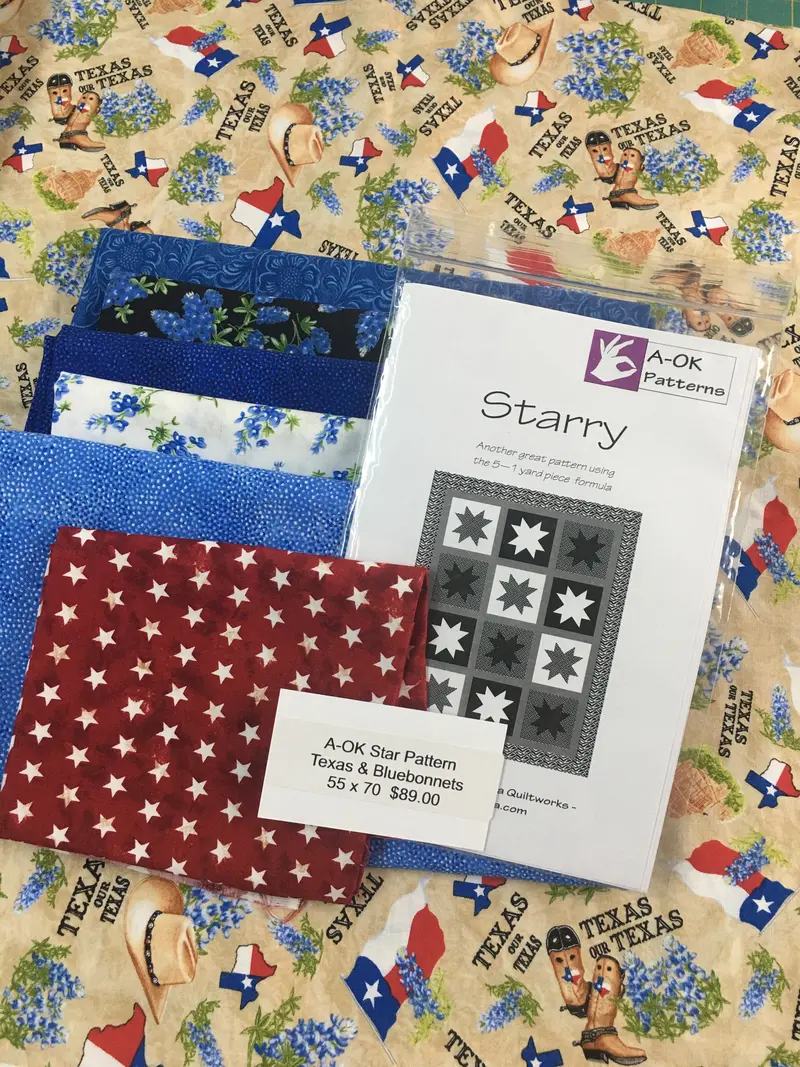 A-Ok Star Pattern, Texas & Bluebonnets 55 X 70. Kit Includes Fabric, Binding, & Pattern. 1