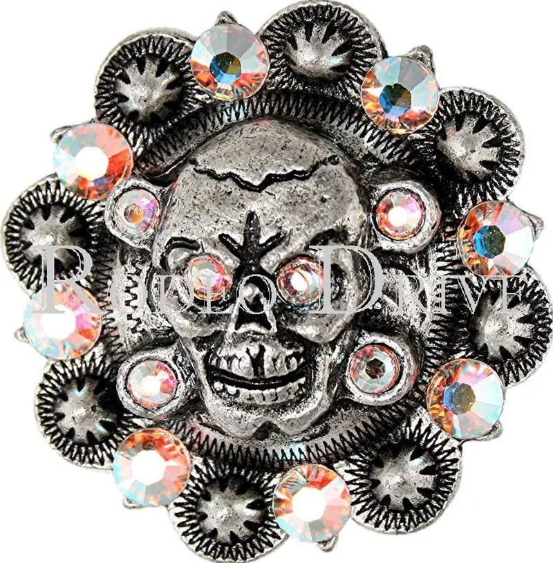 Ab Antique Silver 1.75" Skull European Crystal Concho 1