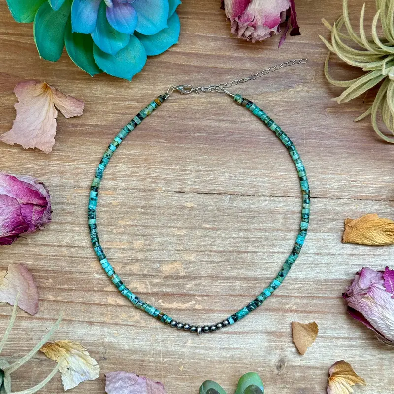 African Turquoise Heishi & Sterling Silver Pearl Necklace 1