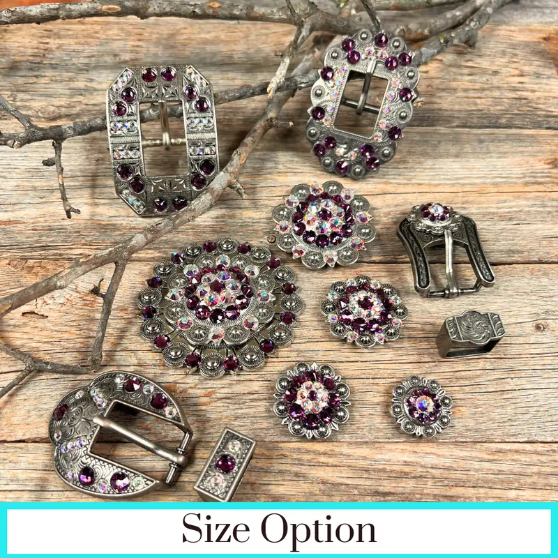 Antique Silver Amethyst, Ab Crystal Conchos - Sizes From 1"- 3" And Buckles 1