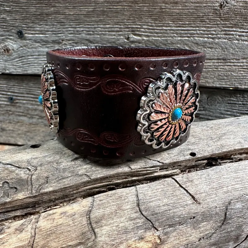 Antique Silver And Copper Flower Leather Bracelet Lb103 1