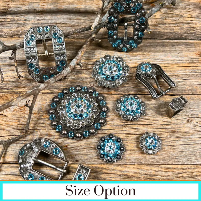 Antique Silver Aqua, Clear Crystal Conchos - Sizes From 1"- 3" And Buckles 1