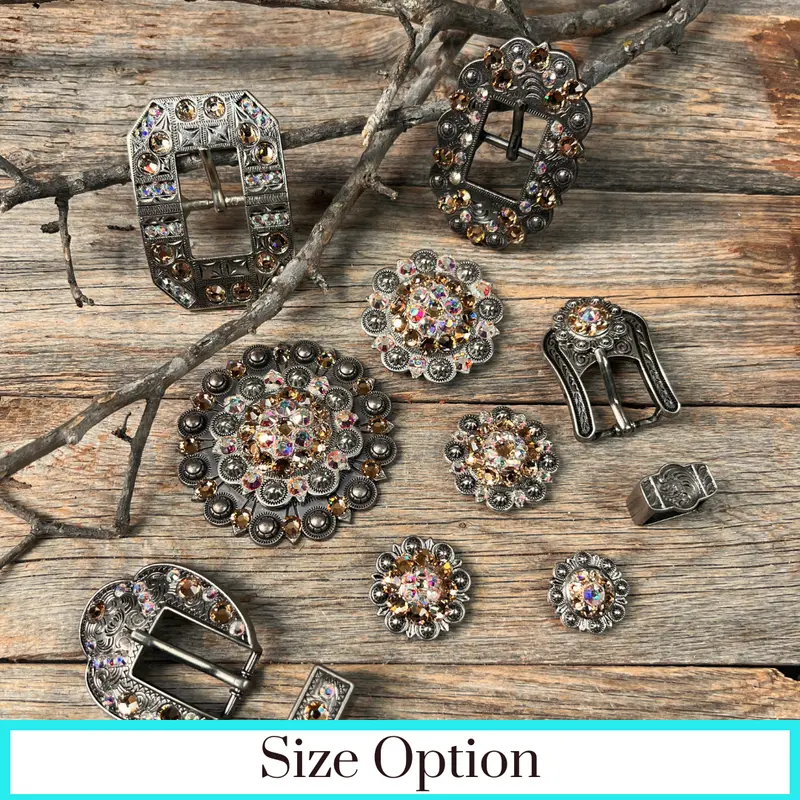 Antique Silver Champagne, Ab Crystal Conchos - Sizes From 1"- 3" And Buckles 1