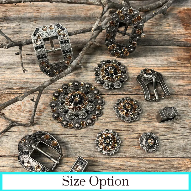 Antique Silver Champagne, Jet Crystal Conchos - Sizes From 1"- 3" And Buckles 1