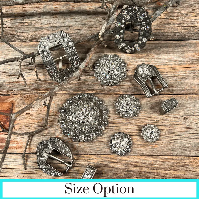 Antique Silver Clear Crystal Conchos - Sizes From 1"- 3" And Buckles 1