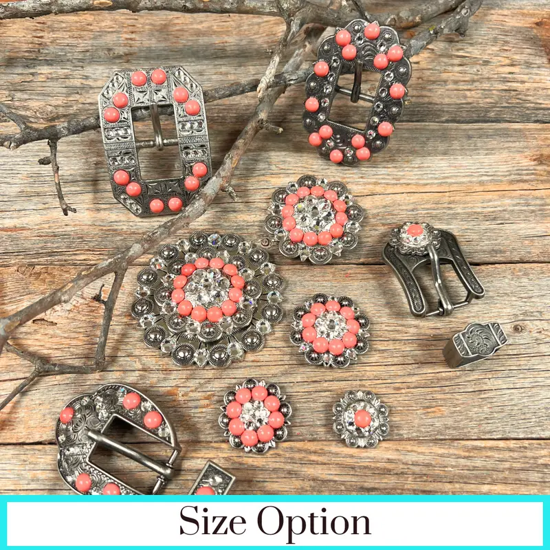 Antique Silver Coral, Clear Crystal Conchos - Sizes From 1"- 3" And Buckles 1