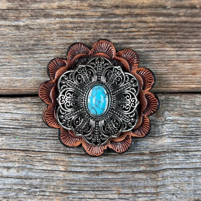Antique Silver Filigree Floral Turquoise Western Concho W234 4