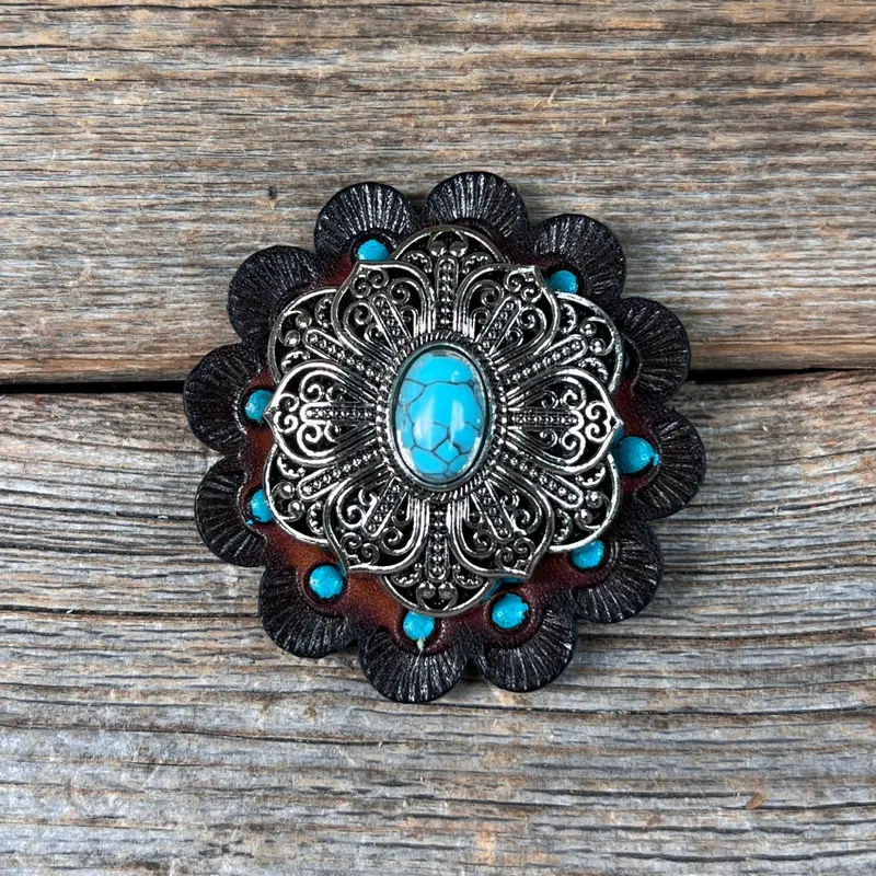 Antique Silver Filigree Floral Turquoise Western Concho W234 4