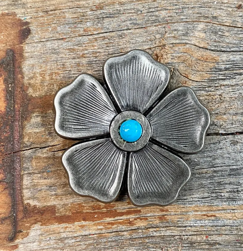 Antique Silver Flower Turquoise Concho 1.5"  W110s 1