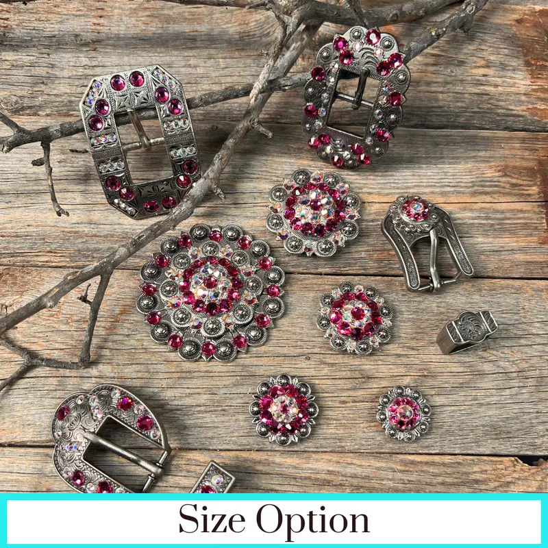 Antique Silver Fuchsia, Ab Crystal Conchos - Sizes From 1"- 3" And Buckles 1