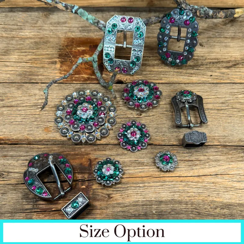Antique Silver Fuchsia, Clear And Emerald  Crystal Conchos - Sizes From 1"- 3" And Buckles 1
