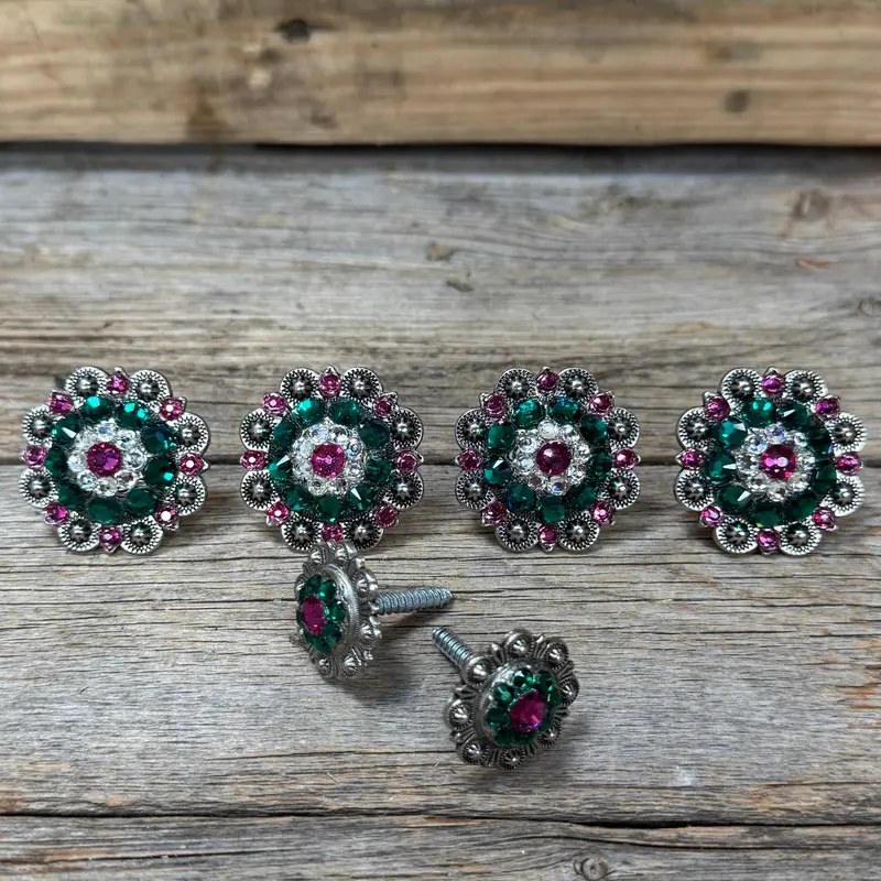 Antique Silver Fuchsia, Clear And Emerald Saddle Conchos 1