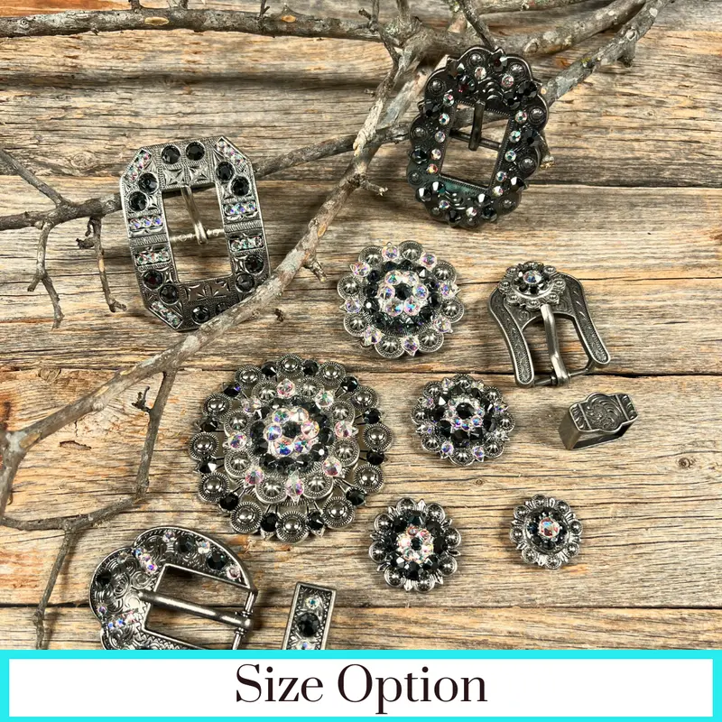 Antique Silver Jet, Ab Crystal Conchos - Sizes From 1"- 3" And Buckles 1