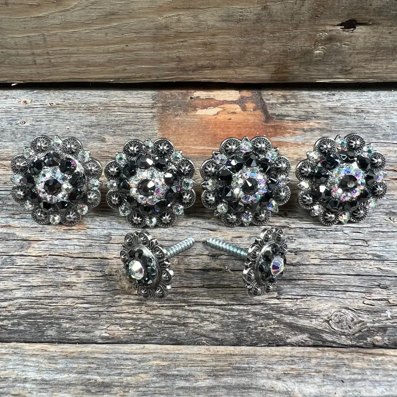 Antique Silver Jet & Ab Saddle Conchos 1