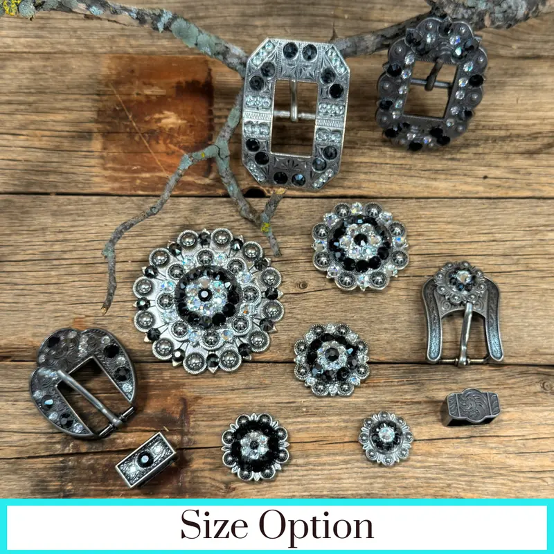 Antique Silver Jet, Clear Crystal Conchos - Sizes From 1"- 3" And Buckles 1