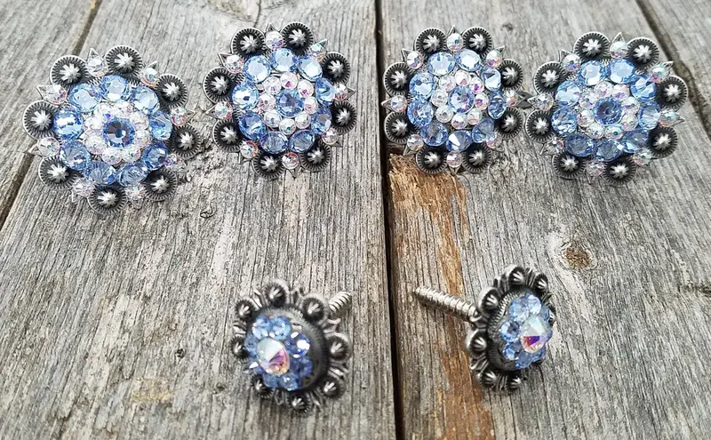 Antique Silver Light Sapphire & Ab Saddle Conchos 1
