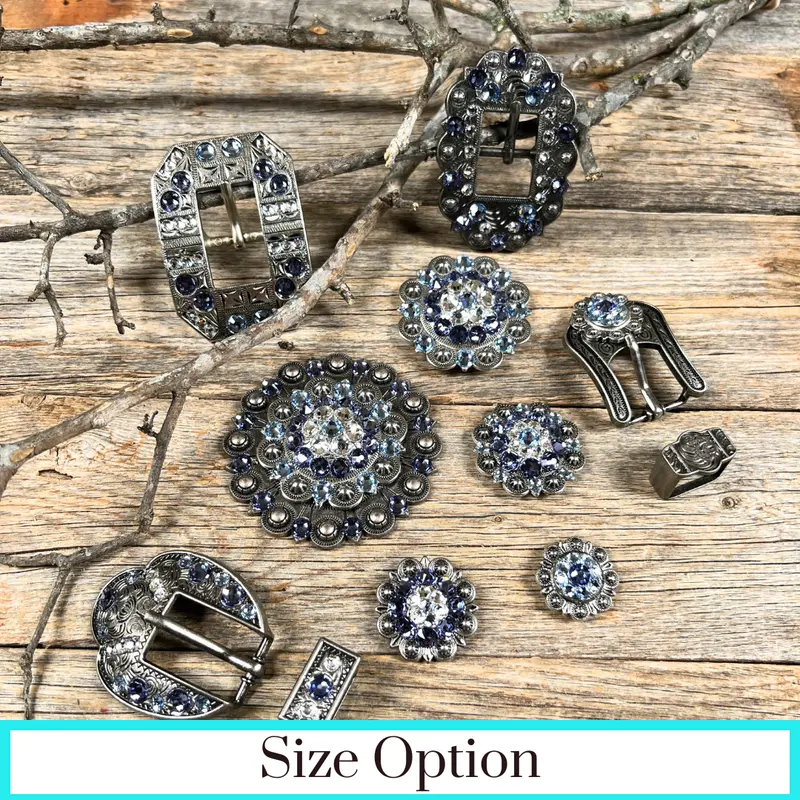 Antique Silver Light Sapphire, Clear, And Lilac Crystal Conchos - Sizes From 1"- 3" And Buckles 1