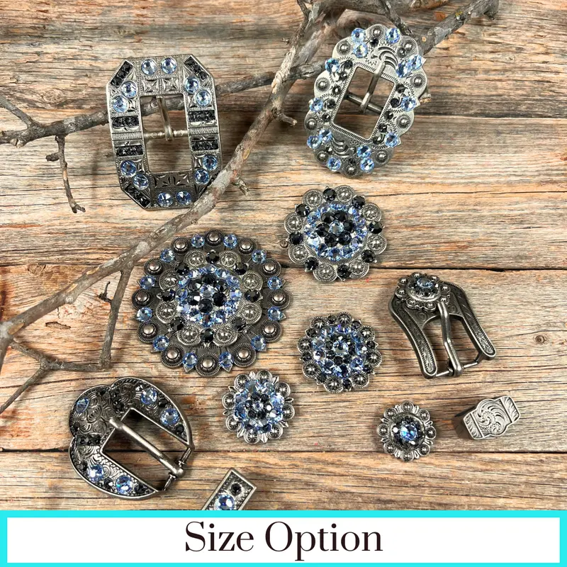 Antique Silver Light Sapphire, Jet Crystal Conchos - Sizes From 1"- 3" And Buckles 1