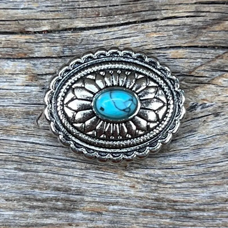 Antique Silver Oval Floral Turquoise Concho 1.5" W237l 1