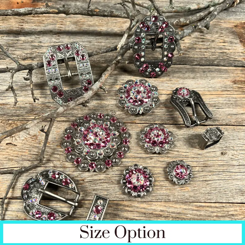 Antique Silver Pink, Ab Crystal Conchos - Sizes From 1"- 3" And Buckles 1