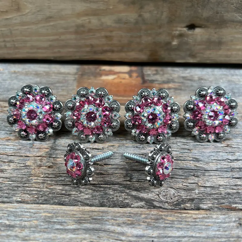 Antique Silver Pink & Ab Saddle Conchos 1