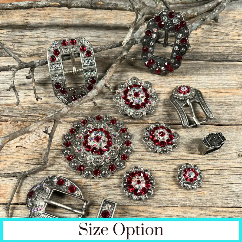Antique Silver Ruby, Ab Crystal Conchos - Sizes From 1"- 3" And Buckles 1