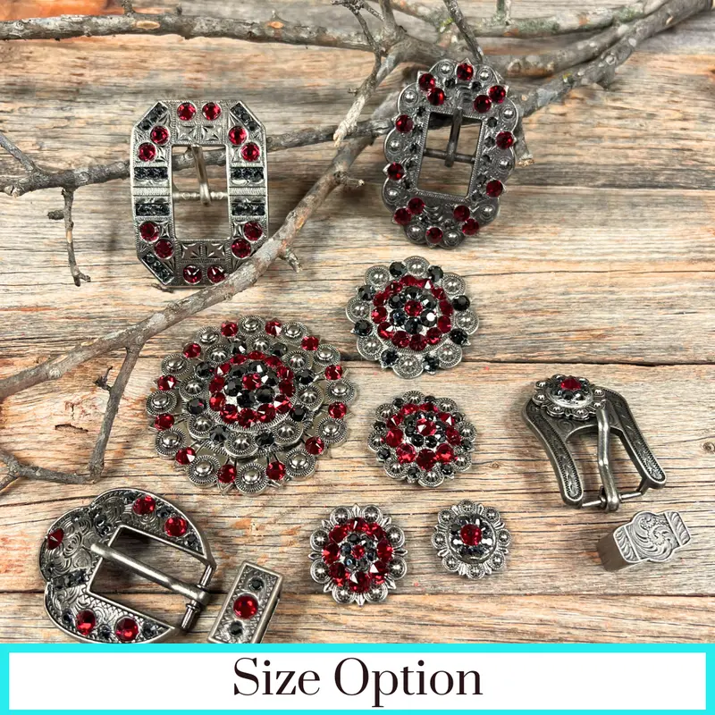 Antique Silver Ruby, Jet Crystal Conchos - Sizes From 1"- 3" And Buckles 1