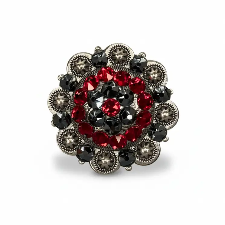 Antique Silver Ruby, Jet Crystal Conchos - Sizes From 1"- 3" And Buckles 5