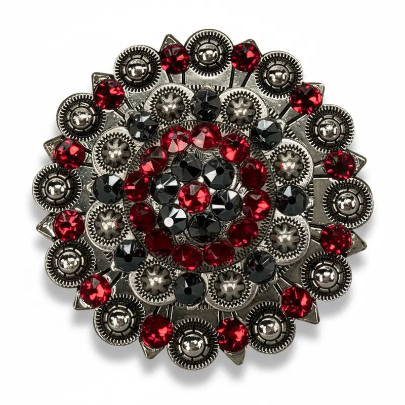 Antique Silver Ruby, Jet Crystal Conchos - Sizes From 1"- 3" And Buckles 6