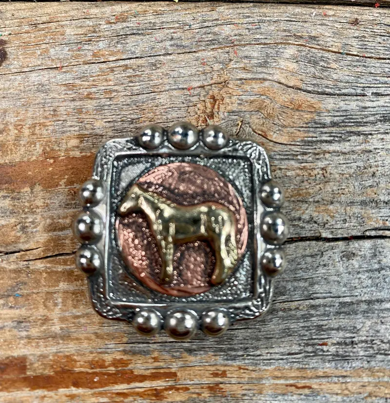 Antique Silver Square Concho With Gold Horse 1" W186s 1