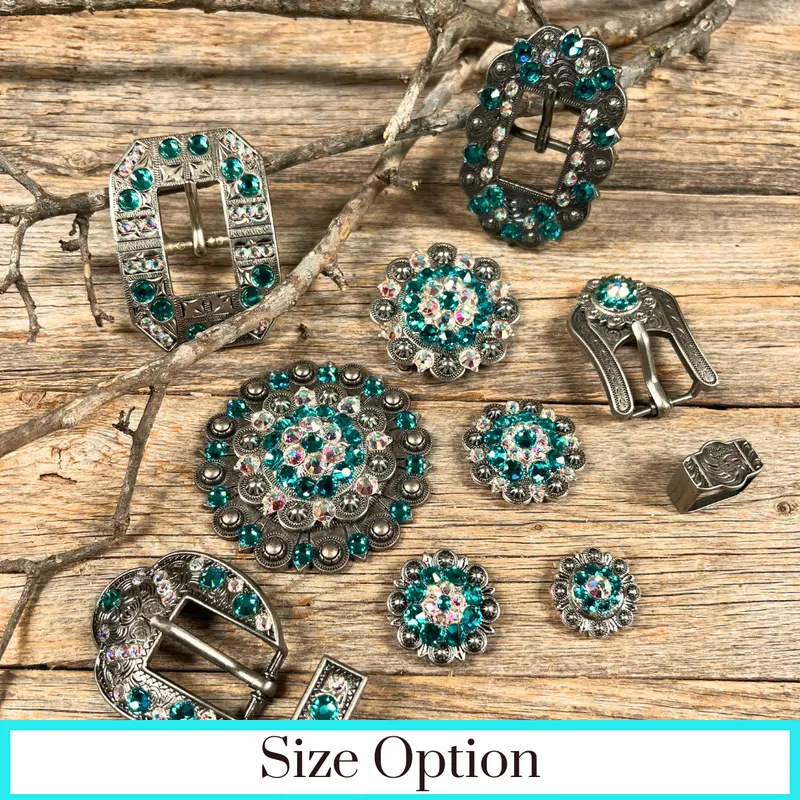 Antique Silver Teal, Ab Crystal Conchos - Sizes From 1"- 3" And Buckles 1