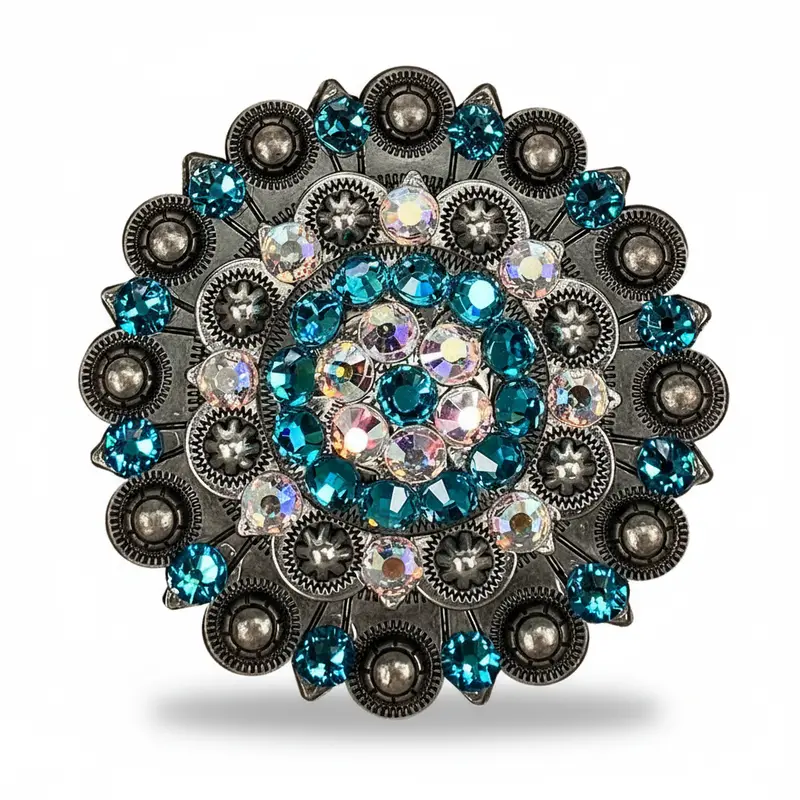 Antique Silver Teal, Ab Crystal Conchos - Sizes From 1"- 3" And Buckles 6