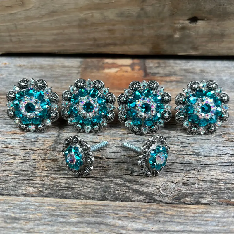 Antique Silver Teal & Ab Saddle Conchos 1