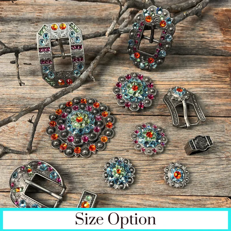 Antique Silver Tie Dye Crystal Conchos - Sizes From 1"- 3" And Buckles 1