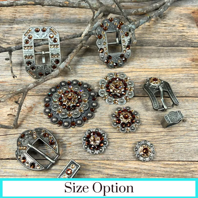 Antique Silver Topaz, Champagne Crystal Conchos - Sizes From 1"- 3" And Buckles 1