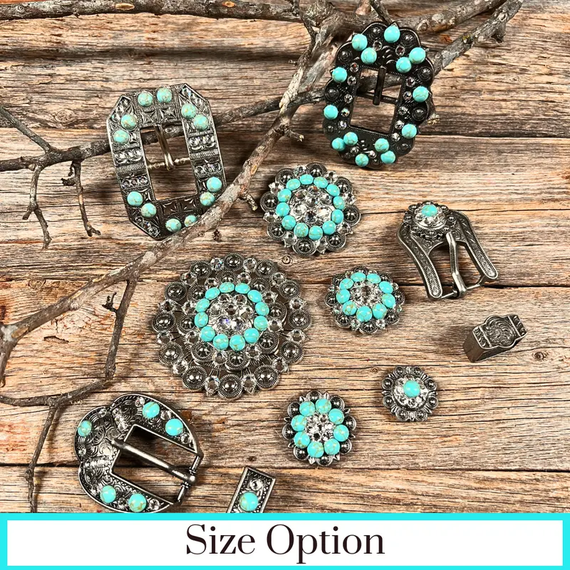 Antique Silver Turquoise, Clear Crystal Conchos - Sizes From 1"- 3" And Buckles 1