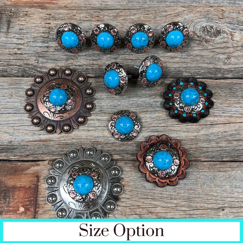 Antique Silver Turquoise Copper Floral Western Concho W222 1