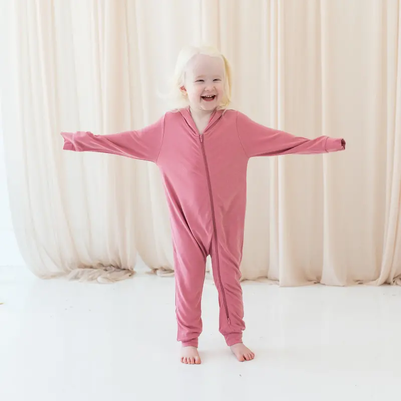 Bamboo Jersey Hooded Zippered Romper In Apple Blossom 1