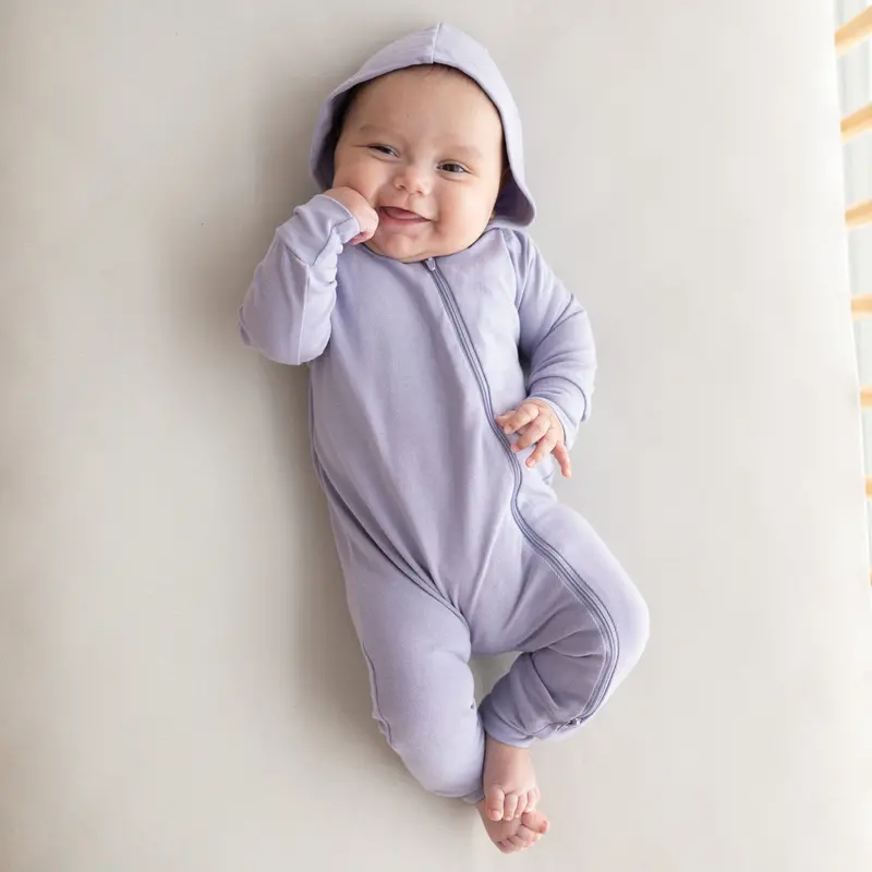 Bamboo Jersey Hooded Zippered Romper In Taro 1