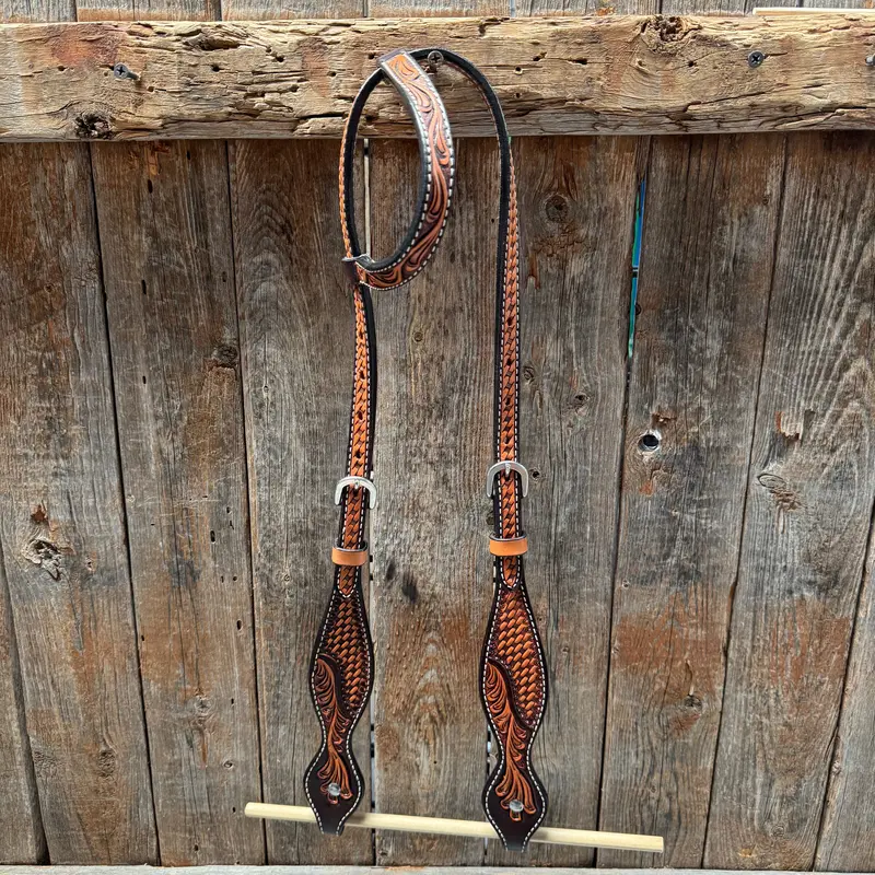Basketweave - Brown Leaf Scalloped Two Tone One Ear Headstall/Bridle #231871B 1