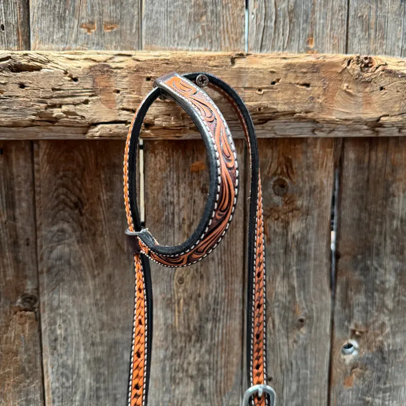 Basketweave - Brown Leaf Scalloped Two Tone One Ear Headstall/Bridle #231871B 2